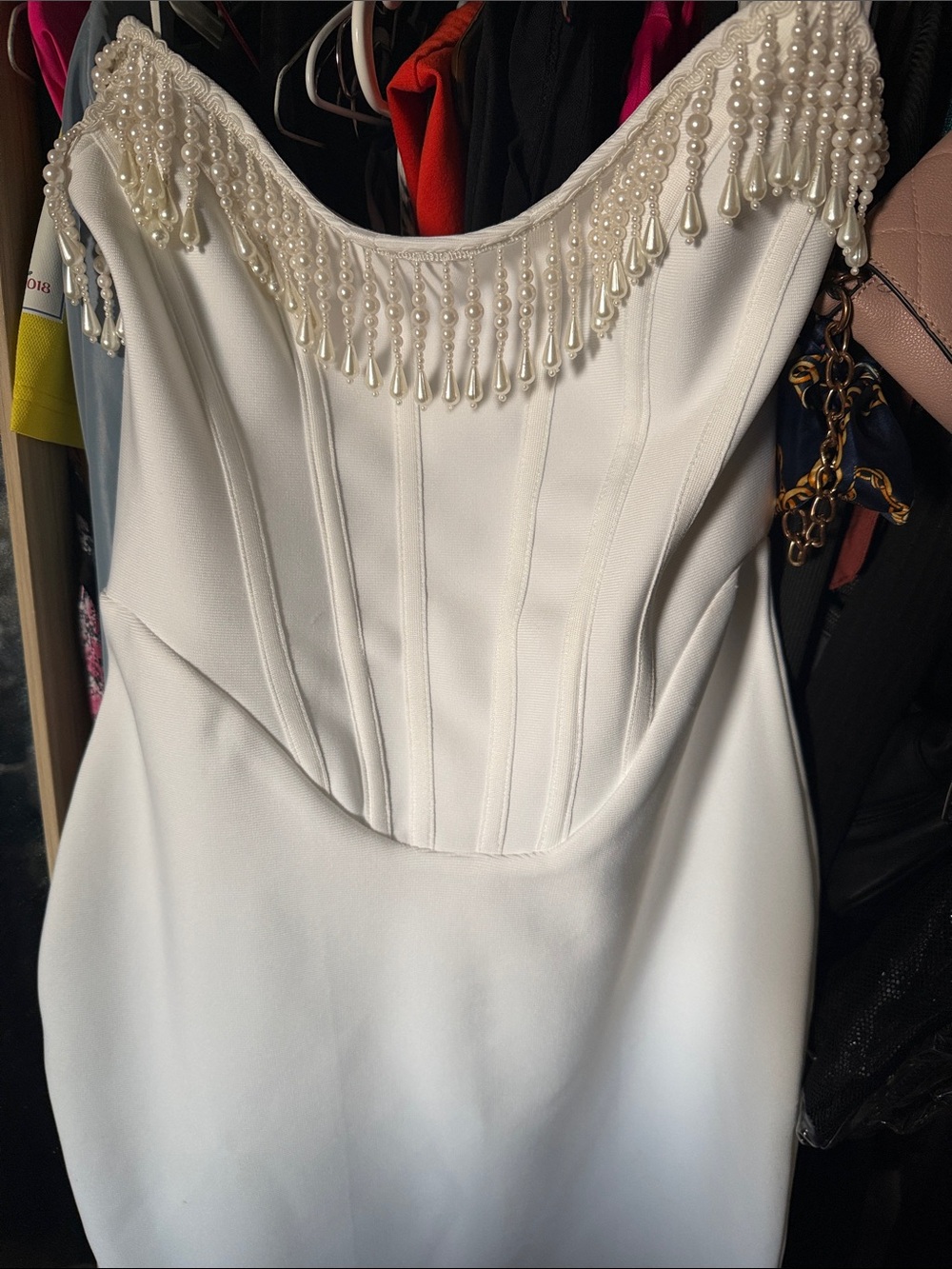 Strapless Pearl-Trim White Dress